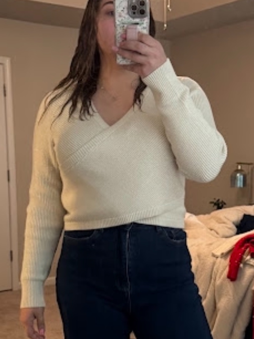 Rachel Zoe Cream Wrap V-Neck Knit Sweater